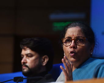New Delhi: Union Finance and Corporate Affairs Minister Nirmala Sitharaman accompanied by Union MoS Finance and Corporate Affairs Anurag Thakur, holds the 5th press conference to announce the details of the Rs 20 lakh crore special economic package a