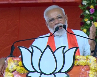 Prime Minister Narendra Modi addresses a public meeting in Ahmedabad on Sunday.