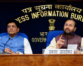  New Delhi: Union Railways and Commerce Minister Piyush Goyal along with Union Environment, Forest and Climate Change and Information and Broadcasting Minister Prakash Javadekar, during a Cabinet Briefing in New Delhi on Aug 28, 2019. (Photo: IANS)