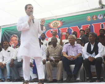 New Delhi: Congress President Rahul Gandhi addresses during a protest organised over the SC/ST Atrocities Bill, at Jantar Mantar in New Delhi.