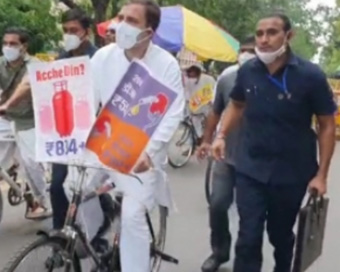 Rahul Gandhi rides bicycle to Parliament to protest fuel hike  