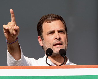 Gandhinagar: Congress President Rahul Gandhi addresses at party rally, in Gandhinagar, on March 12, 2019. (Photo: IANS/AICC)