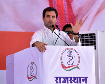 Jaipur: Congress President Rahul Gandhi addresses a public meeting at Ram Lila Madain in Jaipur.