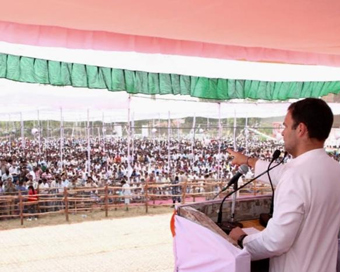 Budaun: Congress President Rahul Gandhi addresses a public rally, in Budaun, Uttar Pradesh, on April 18, 2019. (Photo: IANS)