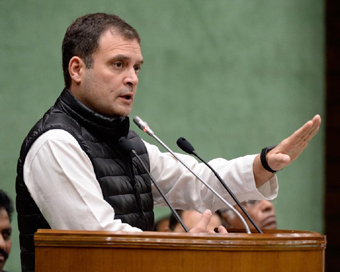 New Delhi: Congress President Rahul Gandhi addresses at the Parliamentary Party meeting in New Delhi, on Feb 13, 2019. (Photo: IANS/AICC)