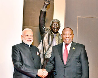  Indian Prime Minister Narendra Modi and South African President Cyril Ramaphosa in Johannesburg.