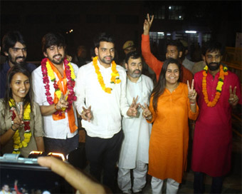 New Delhi: ABVP leaders Ankiv Baisoya, Shakti Singh and Jyoti Chaudhary who won the posts of president, vice-president and joint secretary respectively in the recently concluded DUSU polls in New Delhi.