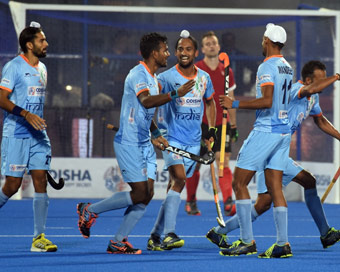 Bhubaneswar: Indian players celebrate after scoring a goal during a Men