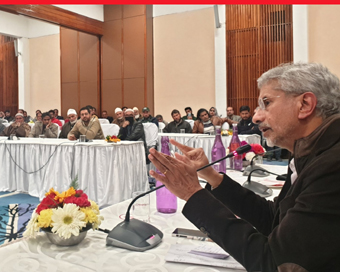 Srinagar: External Affairs Minister S. Jaishankar interacts with families of Indian students studying in Iran and discussed measures being taken to evacuate them, during his visit to Srinagar on March 9, 2020. (Photo: IANS/MEA)
