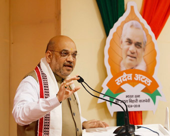 New Delhi: BJP chief Amit Shah addresses during the party