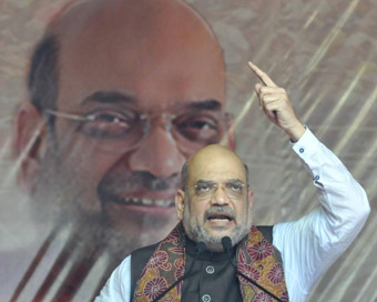 Kolkata: BJP chief Amit Shah addresses during a rally at Kolkata