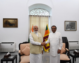 Colombo: Prime Minister Narendra Modi meets Sri Lanka President Maithripala Sirisena in Colombo, Sri Lanka on June 9, 2019. (Photo: IANS/MEA)