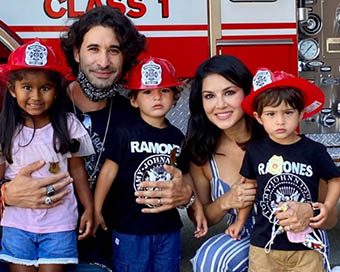 Sunny Leone, family have a day out with firemen