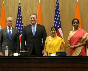 New Delhi: External Affairs Minister Sushma Swaraj and Defence Minister Nirmala Sitharaman with US Secretary of State Mike Pompeo and Defence Secretary James Mattis during a press briefing after the India-US 2+2 Strategic Dialogue meeting, in New Del