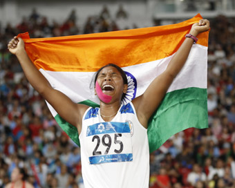 JAKARTA, Aug. 29, 2018 (Xinhua) -- Swapna Barman of India celebrates after women