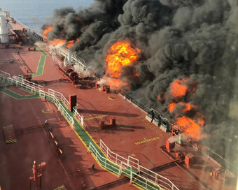  Doha: Two oil tankers were hit in a suspected attack in the Gulf of Oman and all crew members onborad were evacuated, on June 13, 2019. The tankers were struck in the same area where the US accused Iran of using naval mines to sabotage four other oi