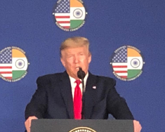 US President Donald Trump briefs the media, in New Delhi on Feb 25, 2020. (Photo: IANS)