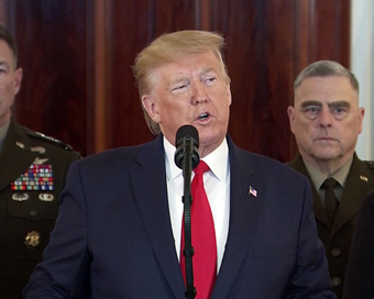 Washington: President Donald Trump addresses the nation from the White House on the ballistic missile strike that Iran launched against Iraqi air bases housing U.S. troops, Wednesday, Jan. 8, 2020, in Washington. AP/PTI