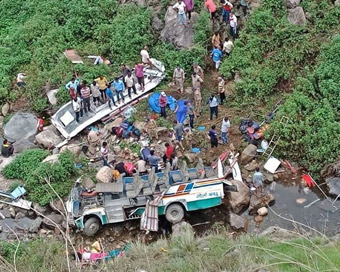 Pauri Garhwal: Rescue operations underway after a 28-seater bus which was headed to Ramnagar from Bhaun fell into a 60-metre gorge near the Queens Bridge on the Pipli-Bhaun road in Uttarakhand