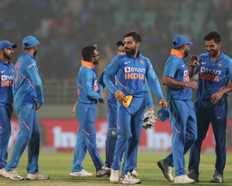 Visakhapatnam: Indian skipper Virat Kohli celebrates after winning the 2nd ODI match against West Indies at Dr. Y.S. Rajasekhara Reddy ACA-VDCA Cricket Stadium in Visakhapatnam on Dec 18, 2019. India won by 107 runs. (Photo: Surjeet Yadav/IANS)