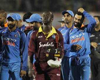 Mumbai: Indian players celebrate after winning the fourth ODI match against West Indies, at Brabourne Stadium in Mumbai, on Oct 29, 2018. (Photo: Surjeet Yadav/IANS)