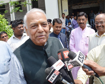 Ranchi: Former Finance Minister Yashwant Sinha talks to the media after appearing before a civil court in connection with a case of agitation against Madhu Koda government; in Ranchi.