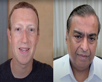 Mark Zuckerberg and Mukesh Ambani during a virtual meeting